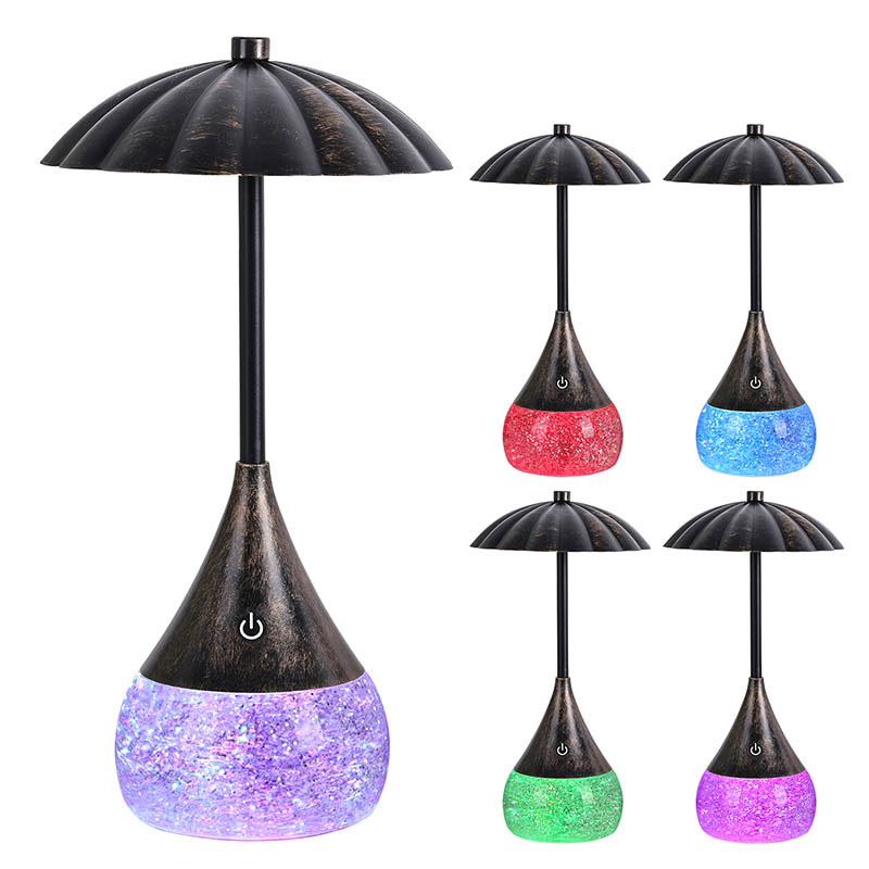 Šilta šviesos LED stalo lempa su RGB blizgučio buteliukas